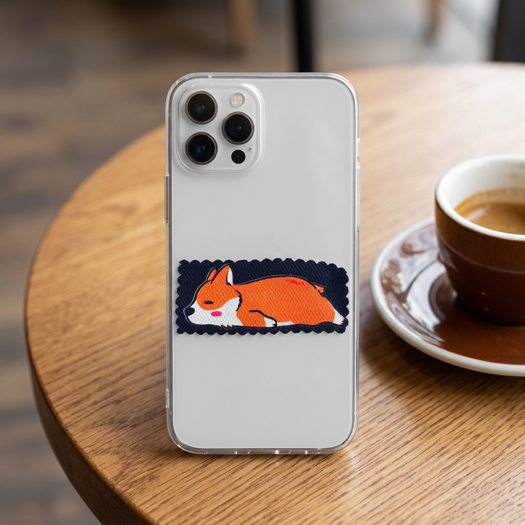 Three-inch Snoozy Corgi sticker on a smooth phone case